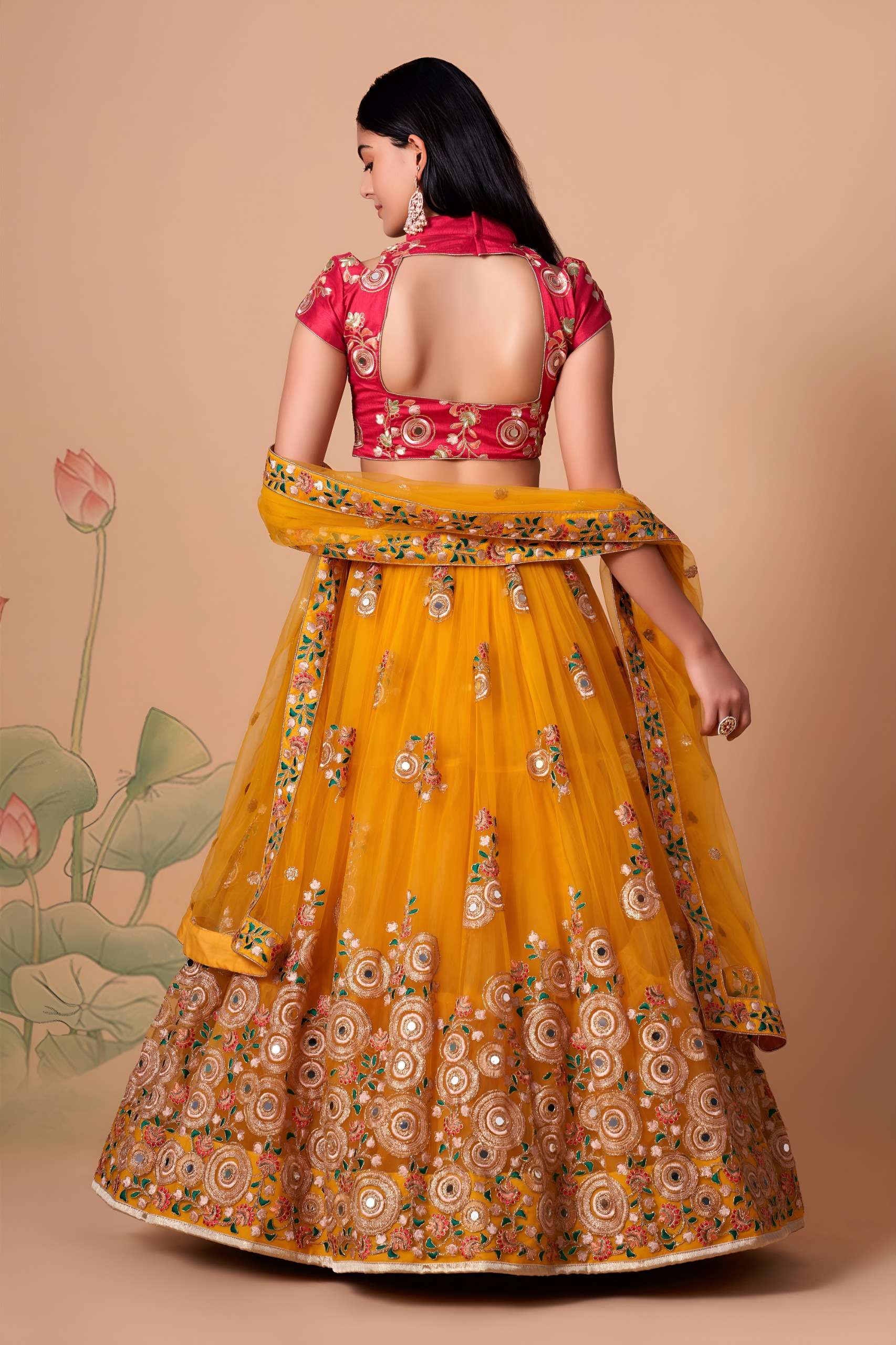 Mustard Yellow & Rani Pink colour fabric with Mirror Work on Lehenga Choli supplier in surat 7324 Yellow